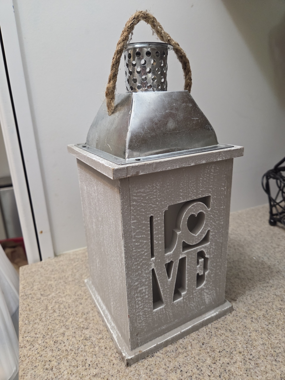 Distressed Cream LOVE Lantern with Rope Handle